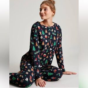 Joules Dreamley Long Sleeve Jersey Pajama Set Navy Festive Print XL